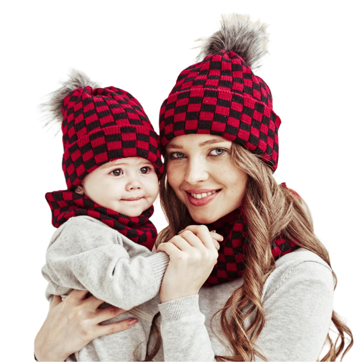 Mom And Baby A Set Of Knitted Hats New Black And White Red Plaid