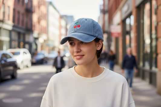 Blue denim cap with cherry embroidery on a white background