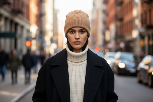 Brown knit beanie on a white background
