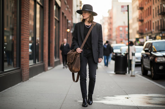 A black woolen fedora hat with a flat brim and a decorative metal ring on the crown.