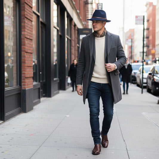 Navy blue fedora hat with a brown leather band on a white background