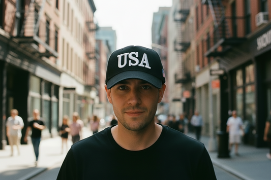 Person wearing a black cap with 'USA' on it in an urban setting