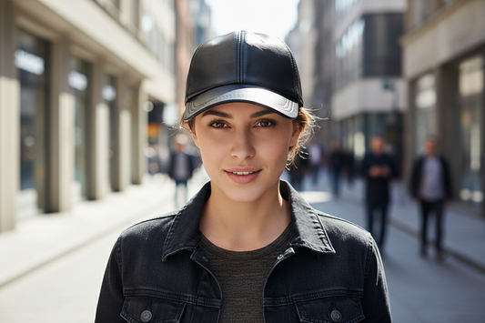 A black leather baseball cap with a thick brim and a smooth surface, suitable for middle-aged and elderly individuals.