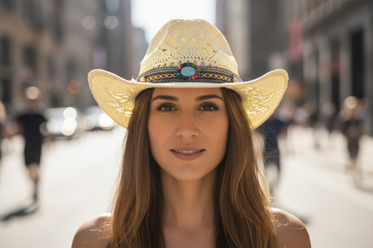 Yellow straw hat with decorative band on a white background