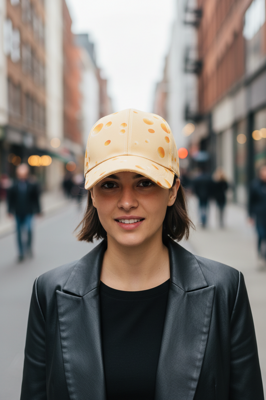 Yellow cap with orange dot pattern on a light gray background