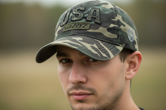 Camouflage baseball cap with USA and military patches on a white background