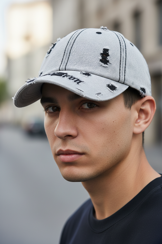 Distressed denim cap with 'Crown Iron' branding on a white background