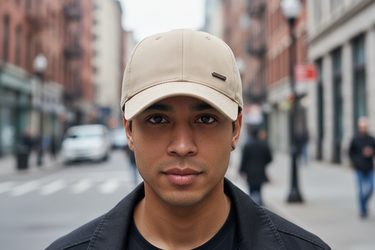 A selection of baseball hats in black, navy blue, gray, beige, and dark blue, displayed against a white background.
