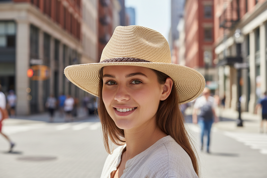 Beige straw hat with a brown band on a white background