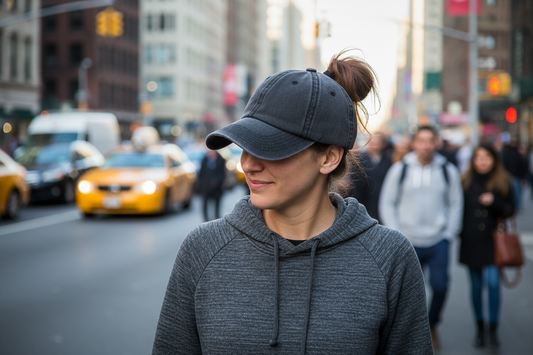 Gray baseball cap with a hair bun holder on a white background