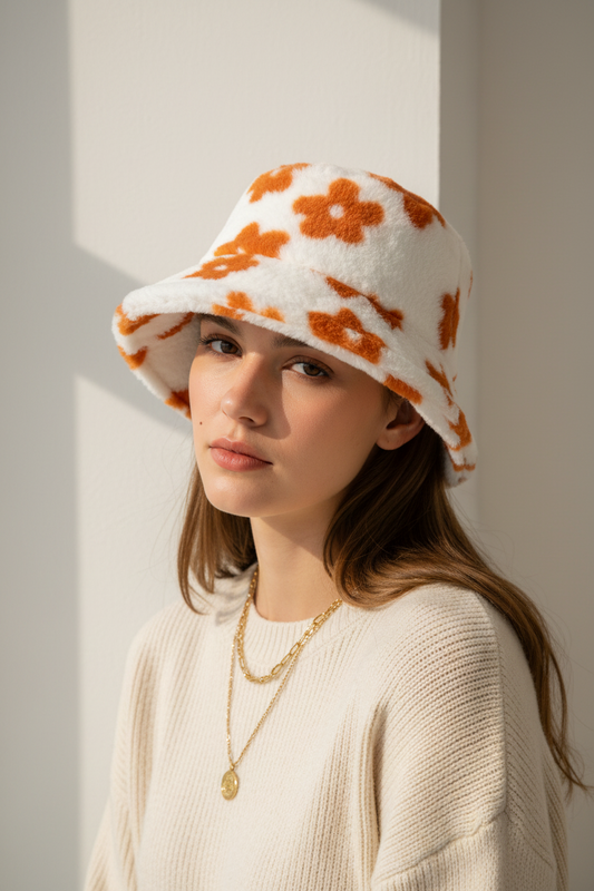 Plum Blossom Polyester Dome Bucket Hat – Warm Winter