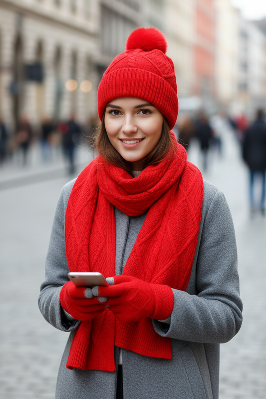 Red knit hat with pom-pom, scarf, and gloves on a white background