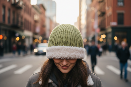 Green knit beanie with white fur trim on a gray background