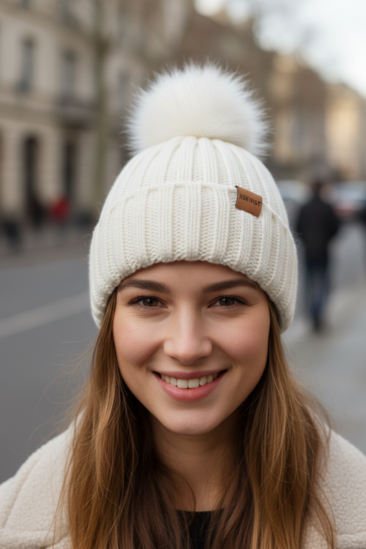 Set of cream-colored knit hat, scarf, and gloves with brown accents on a white background