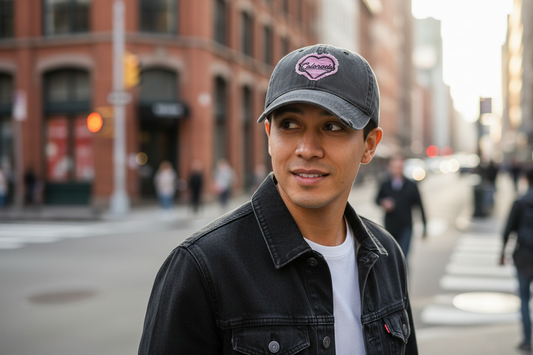 Gray baseball cap with a pink heart-shaped patch on a white background