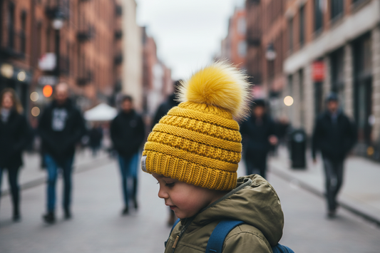 Yellow knit beanie with a pom-pom on a white background