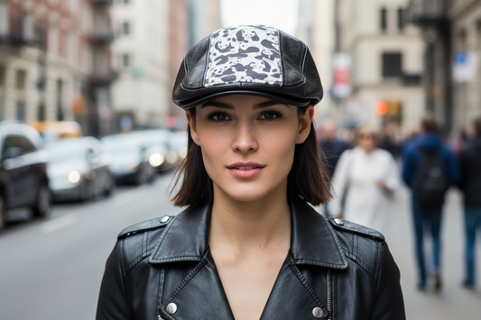 Black leather cap with white pattern on a white background