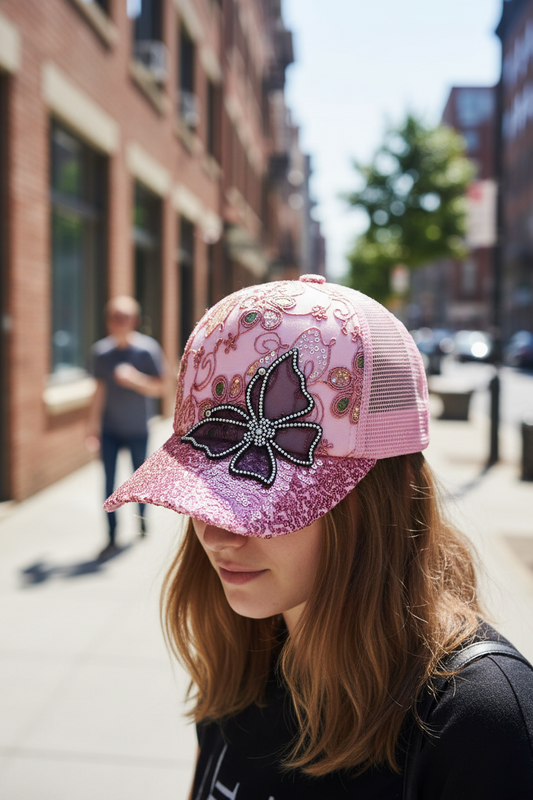 Pink decorative item with butterfly design on a white background