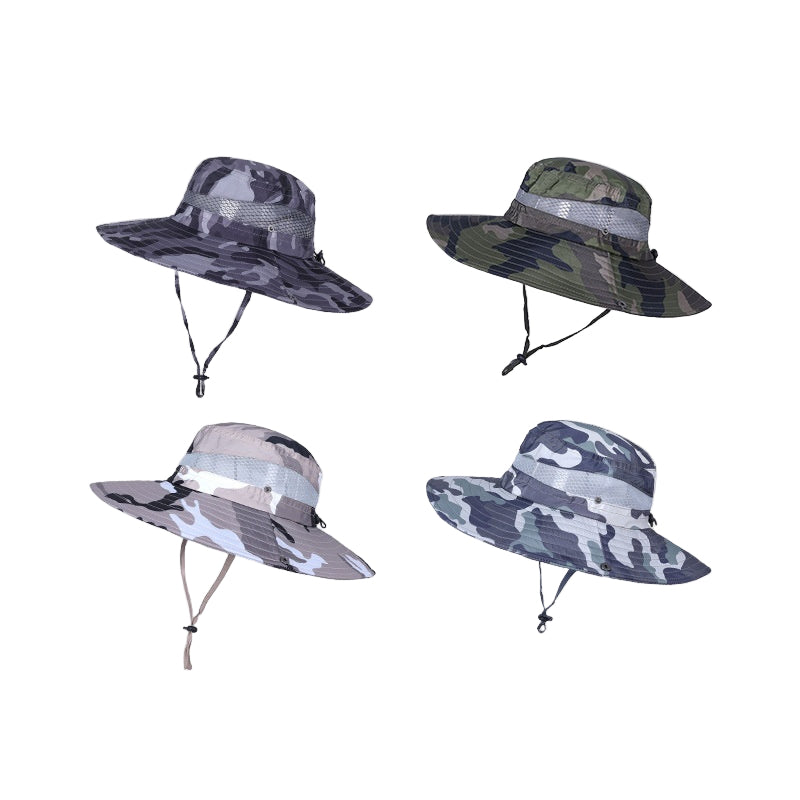 Four camouflage-patterned hats on a light gray background