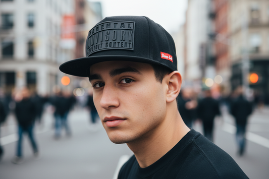 Black cap with 'Parental Advisory Explicit Content' label and red logo on a white background