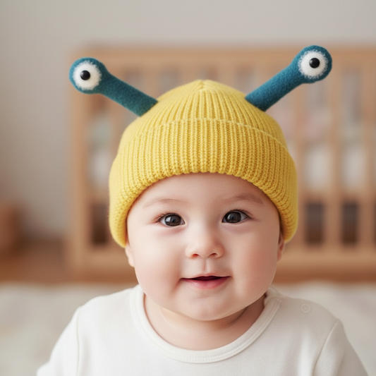 A collection of colorful knitted children's hats with a frog design, displayed against a white background.