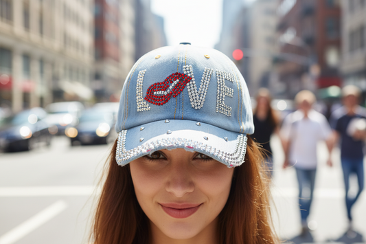 Light blue denim cap with 'LOVE' embellishments on a white background