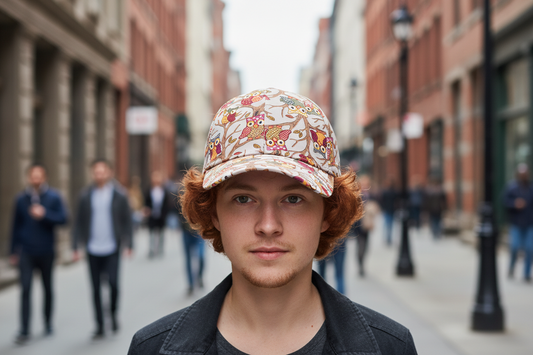 Colorful owl-patterned cap on a white background