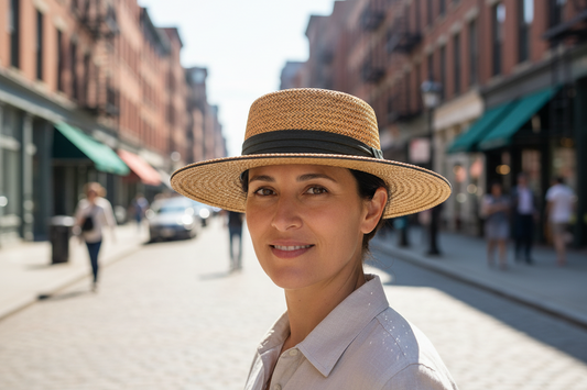Beige straw hat with a black band on a white background
