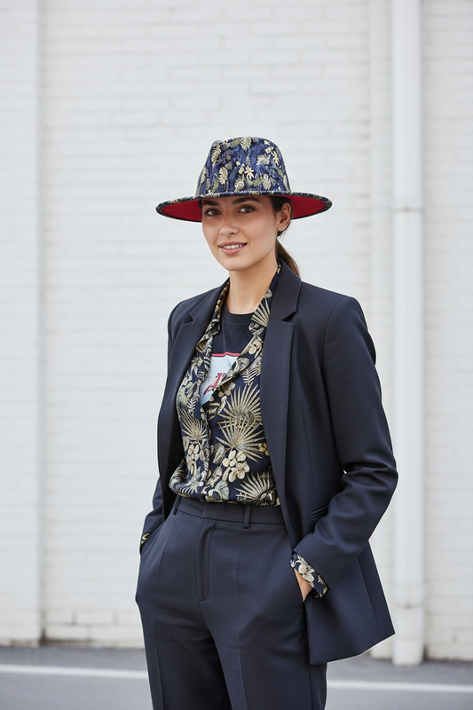 Augusta Wide-Brim Linen Fedora Hat, Leaf & Floral Print