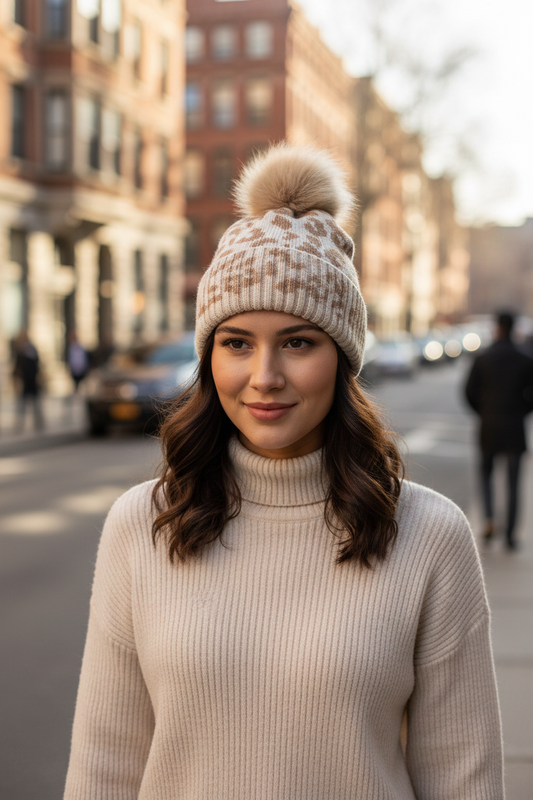 Knitted hat with leopard pattern and pom-pom on a white surface