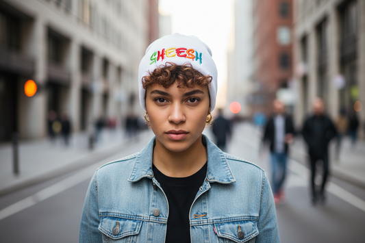 A white knitted hat with the word 'SHEESH' embroidered on the cuff in multicolored letters.