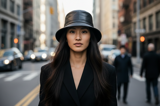 A brown leather bucket hat with flat top and brim.