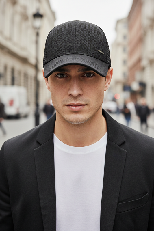 A black mesh breathable baseball cap with a curved brim and a brand logo on the front.
