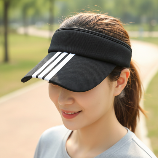 Black visor with white stripes on a light surface