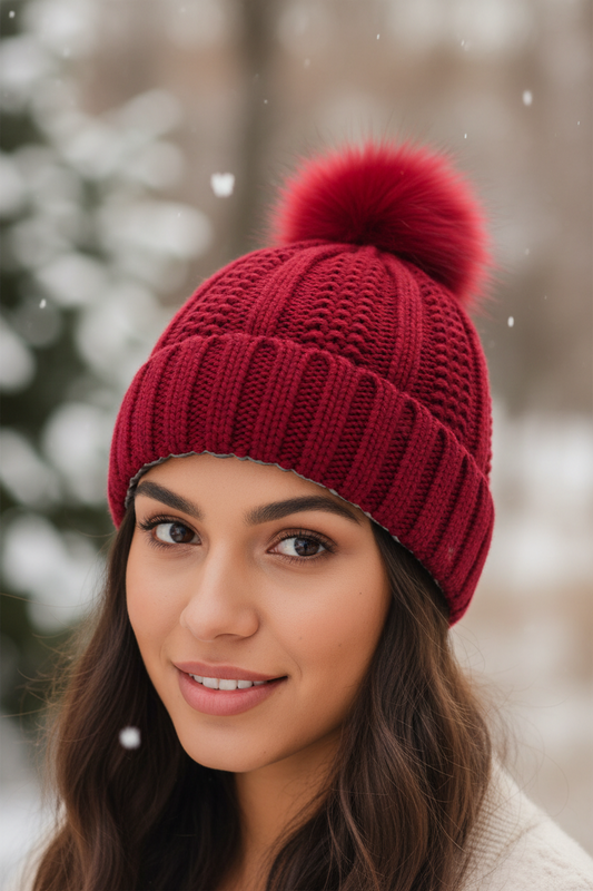 Red knitted beanie with a pom-pom on a light gray background