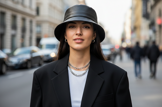 Black leather bucket hat on a white background