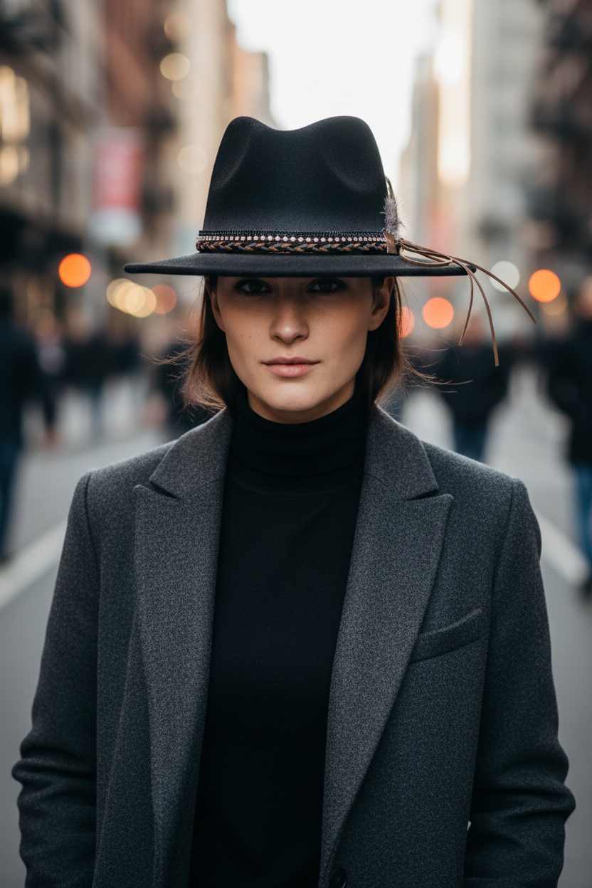 A gray woolen fedora hat with a decorative band.