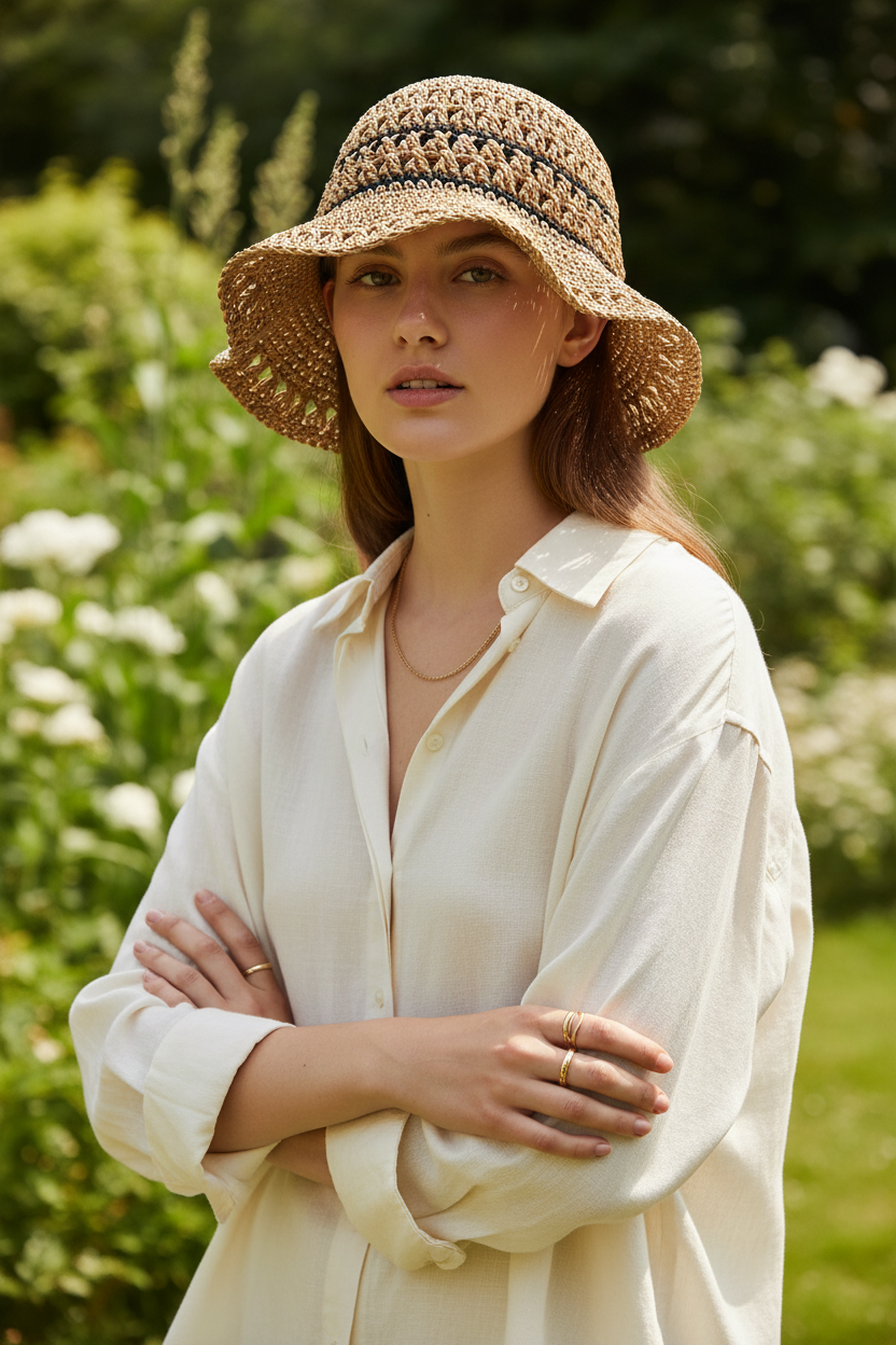 Crocheted Straw Bucket Hat – Women's Medium Sun Hat