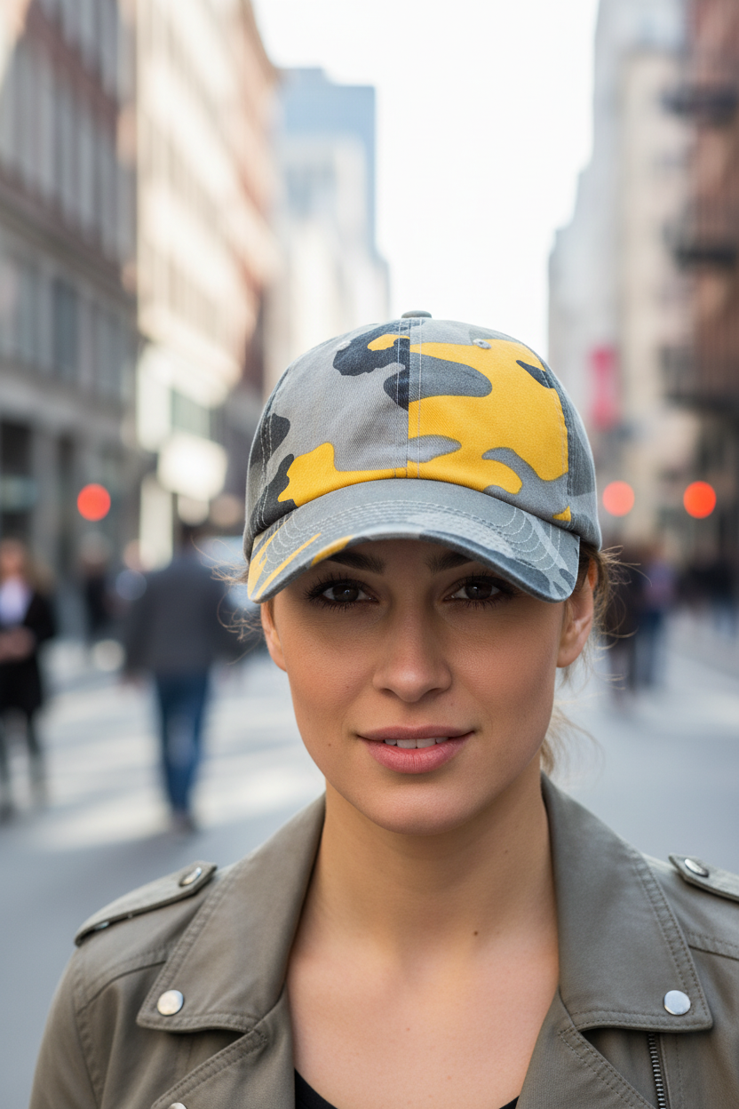 Camouflage-patterned baseball cap with yellow accents on a white background