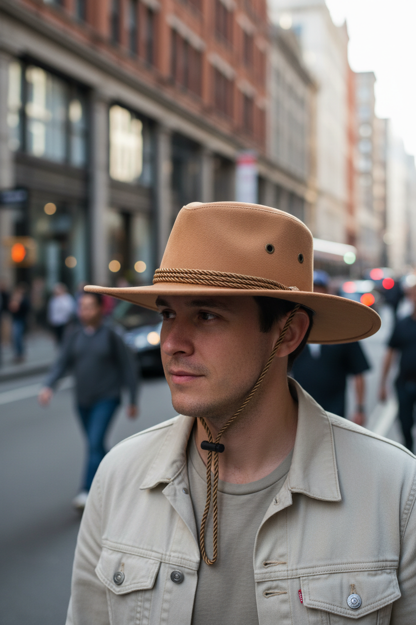 Brown suede hat with a rope detail on a white background
