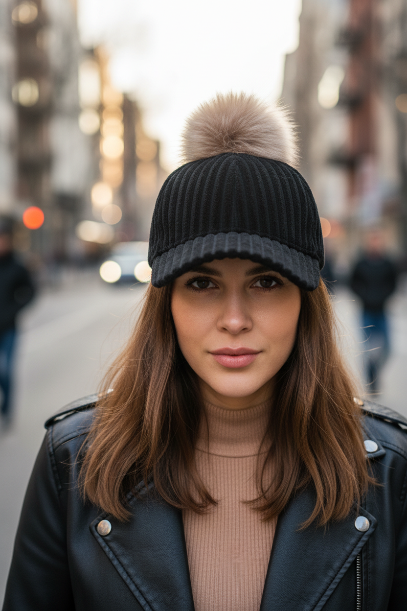 Black knitted cap with a large beige fur pom-pom on a white background
