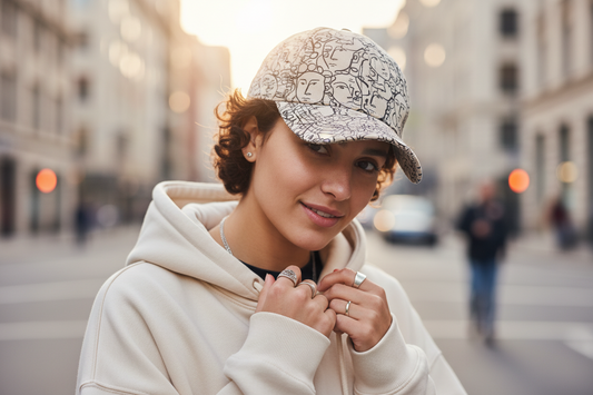 A beige and black cap with a graffiti pattern on a white background.