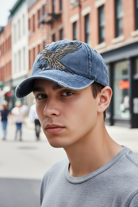 Denim cap with eagle emblem on a white background