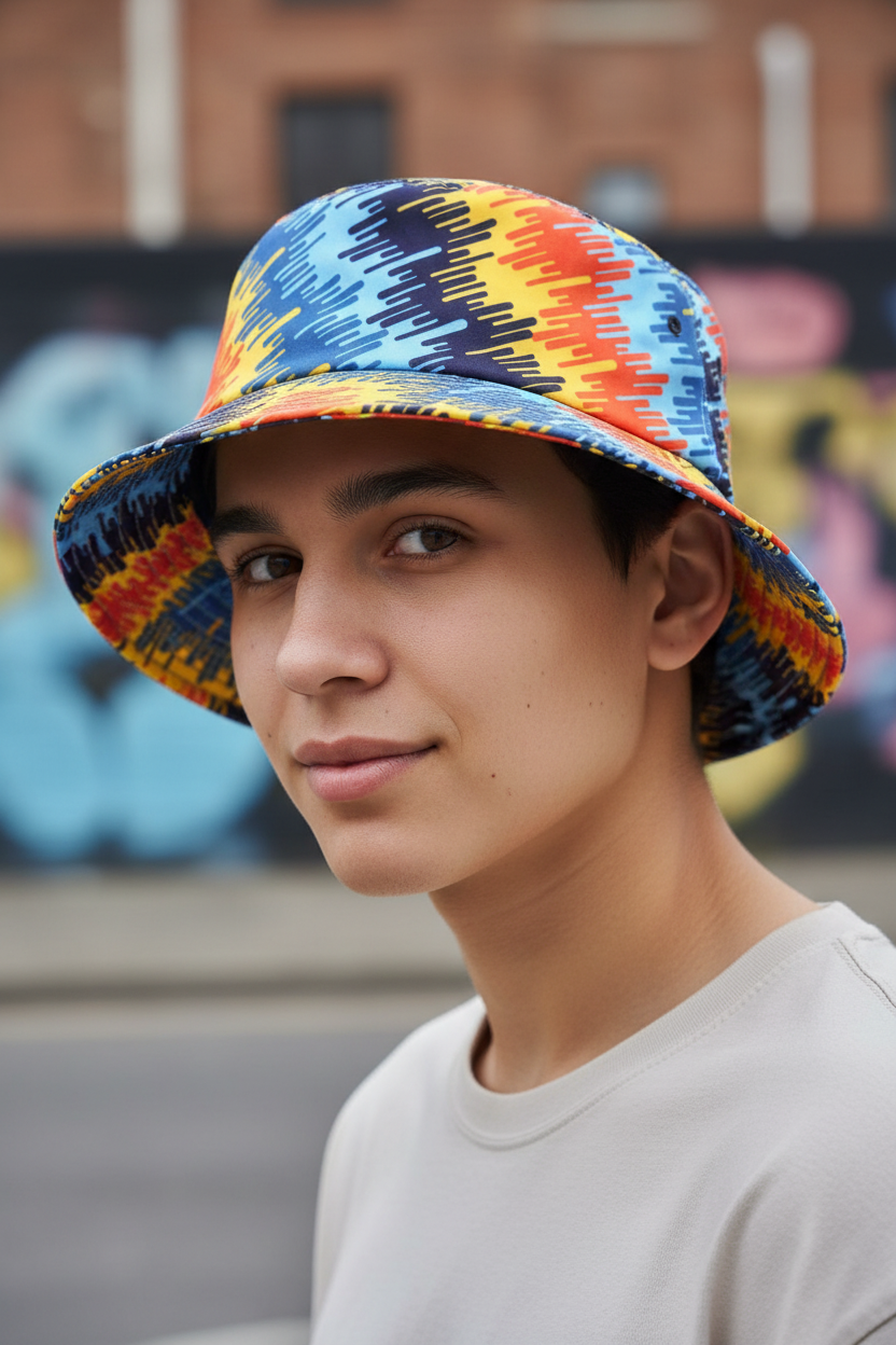 Colorful bucket hat with abstract pattern on a white background
