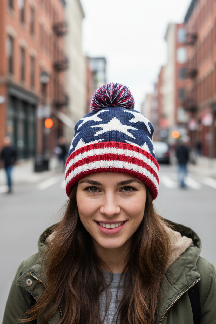 Knitted hat with American flag design on a white background