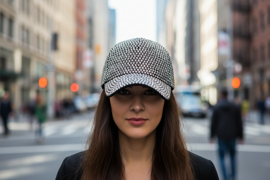 Black baseball cap with silver rhinestones on a white background