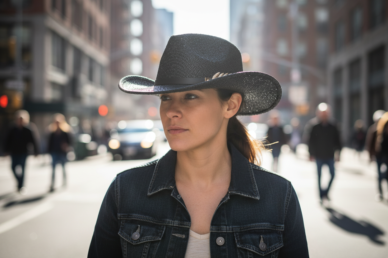 Black glittery cowboy hat with a gold feather on a white background