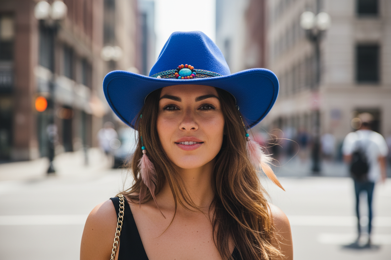 Blue cowboy hat with decorative band on a white background