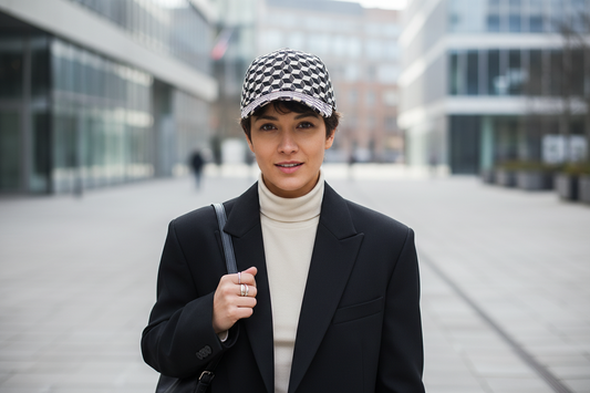 Black and white geometric patterned cap on a white background