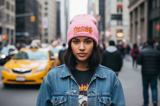 Pink beanie with Thrasher Magazine logo on a white background